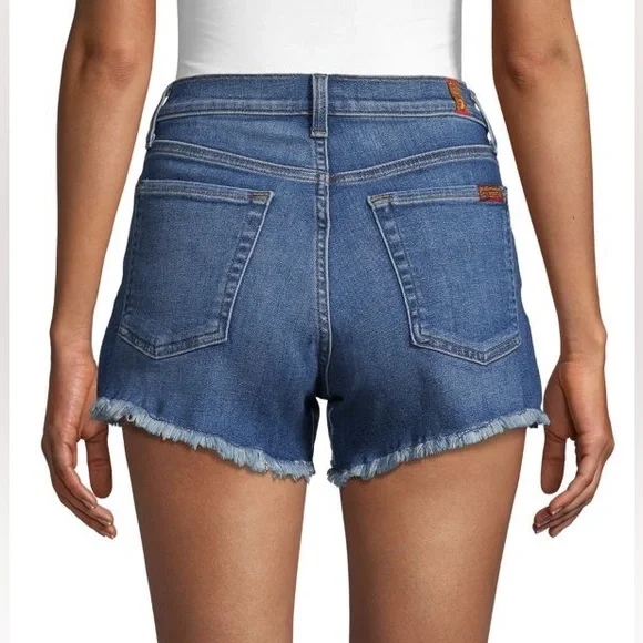 7 For All Mankind High-Rise Frayed Cuff Stretch Denim Jeans Shorts Size 29 - Picture 2 of 8